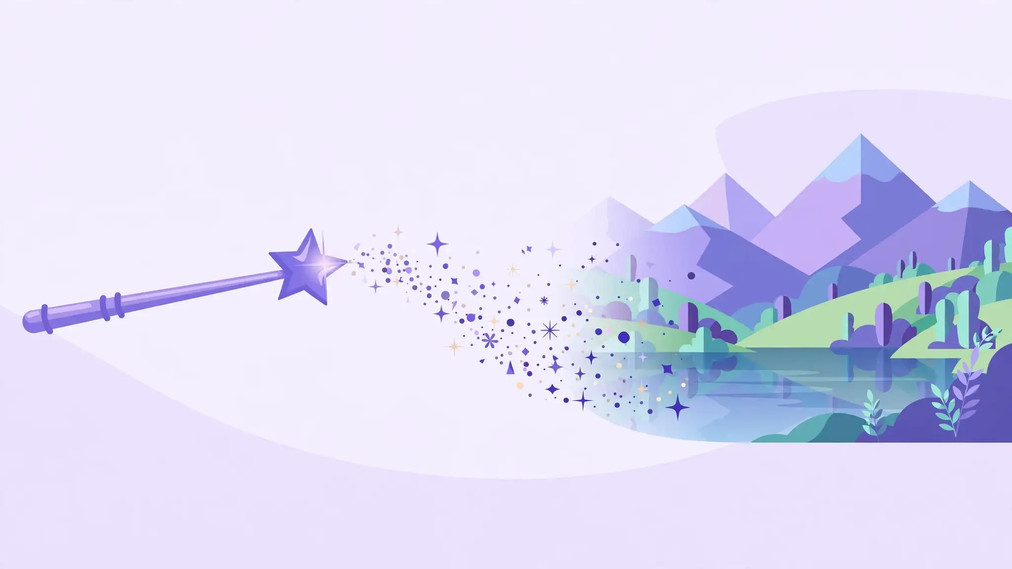 Magic wand transforming ideas into a beautiful AI-generated landscape painting