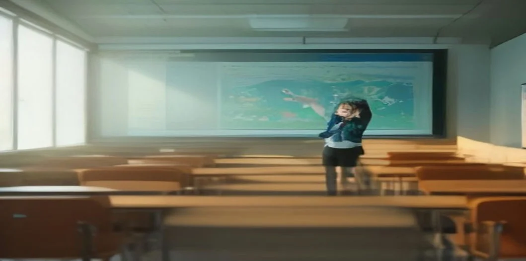 Teacher presenting an AI-generated lesson slide deck on photosynthesis to a classroom