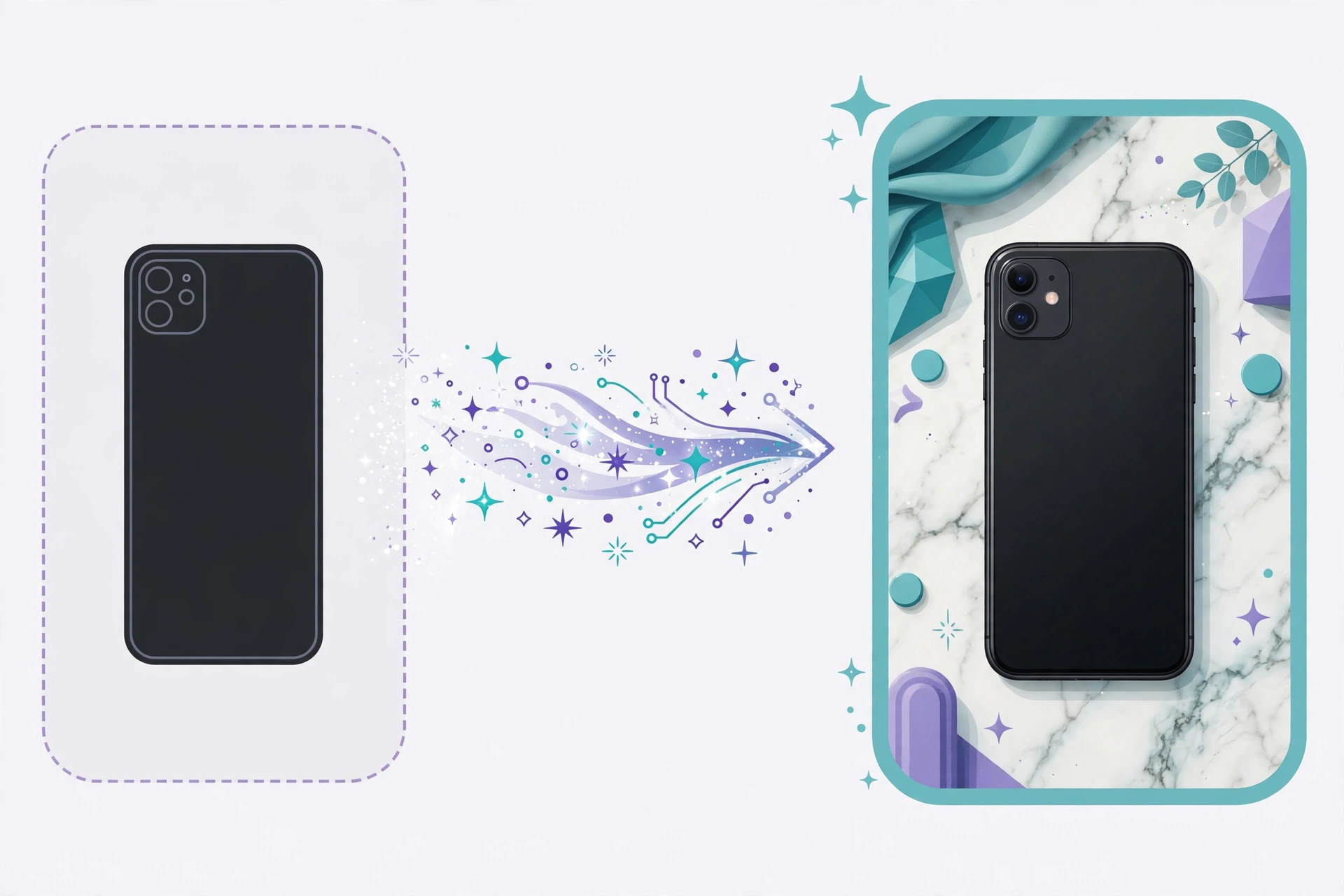 Smartphone product photo transformed into a studio-quality ecommerce image with a marble background