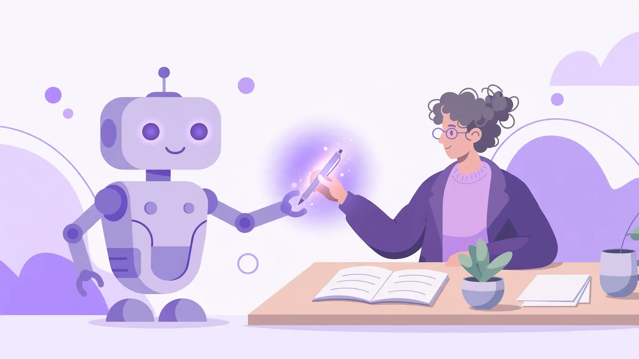 AI writing assistant guide showing robot helping writer with prompts