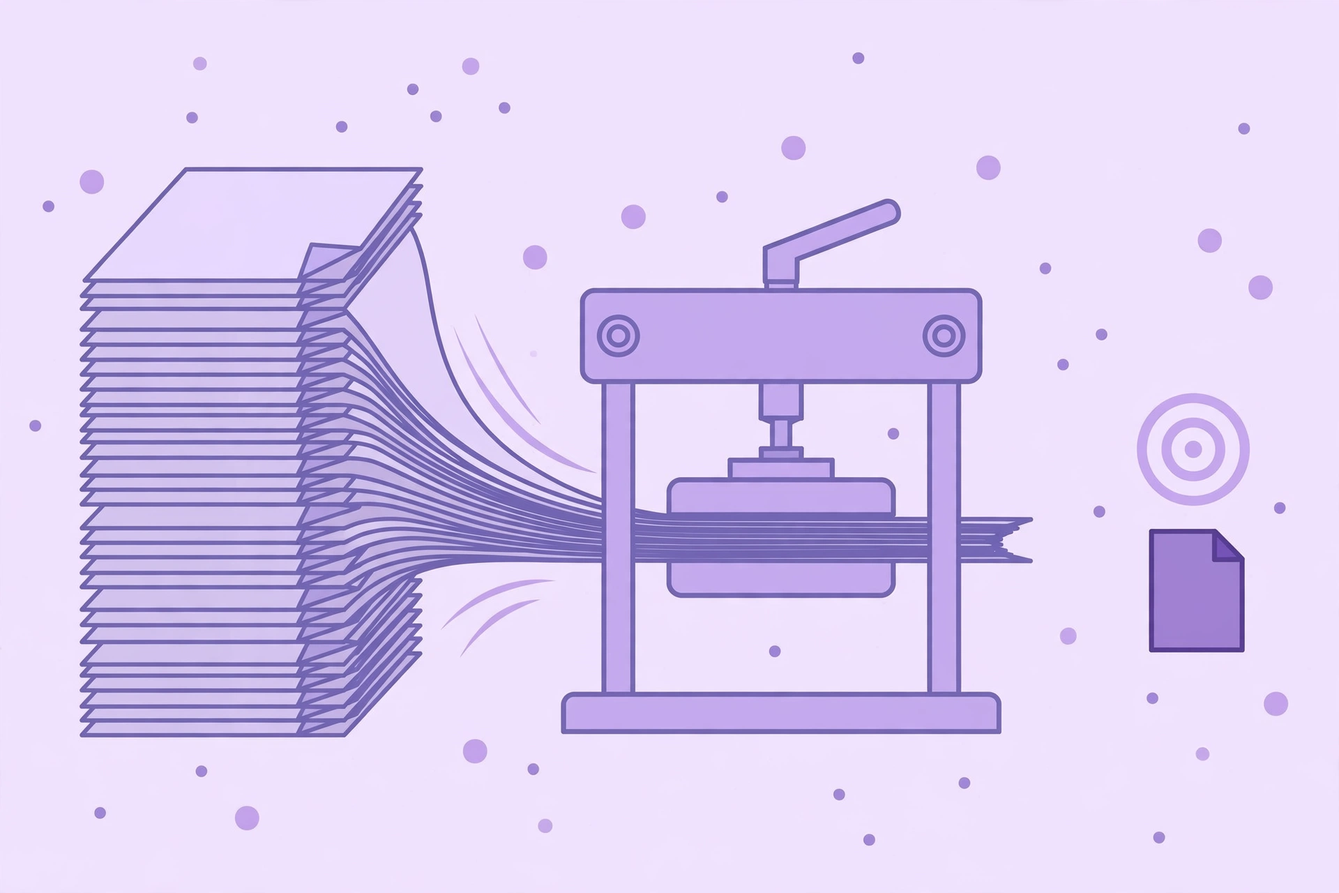 Illustration of a PDF document being compressed down to a 100KB file size target