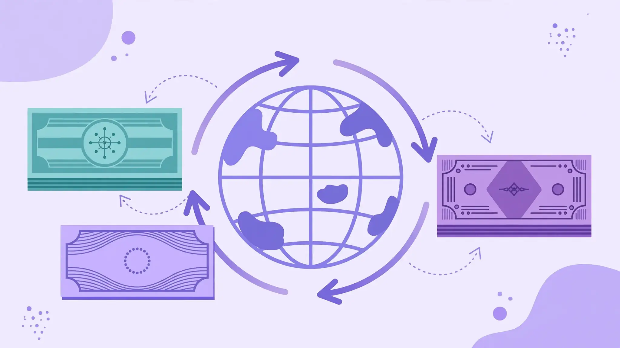 Banknotes and globe illustrating currency conversion and exchange rate markups