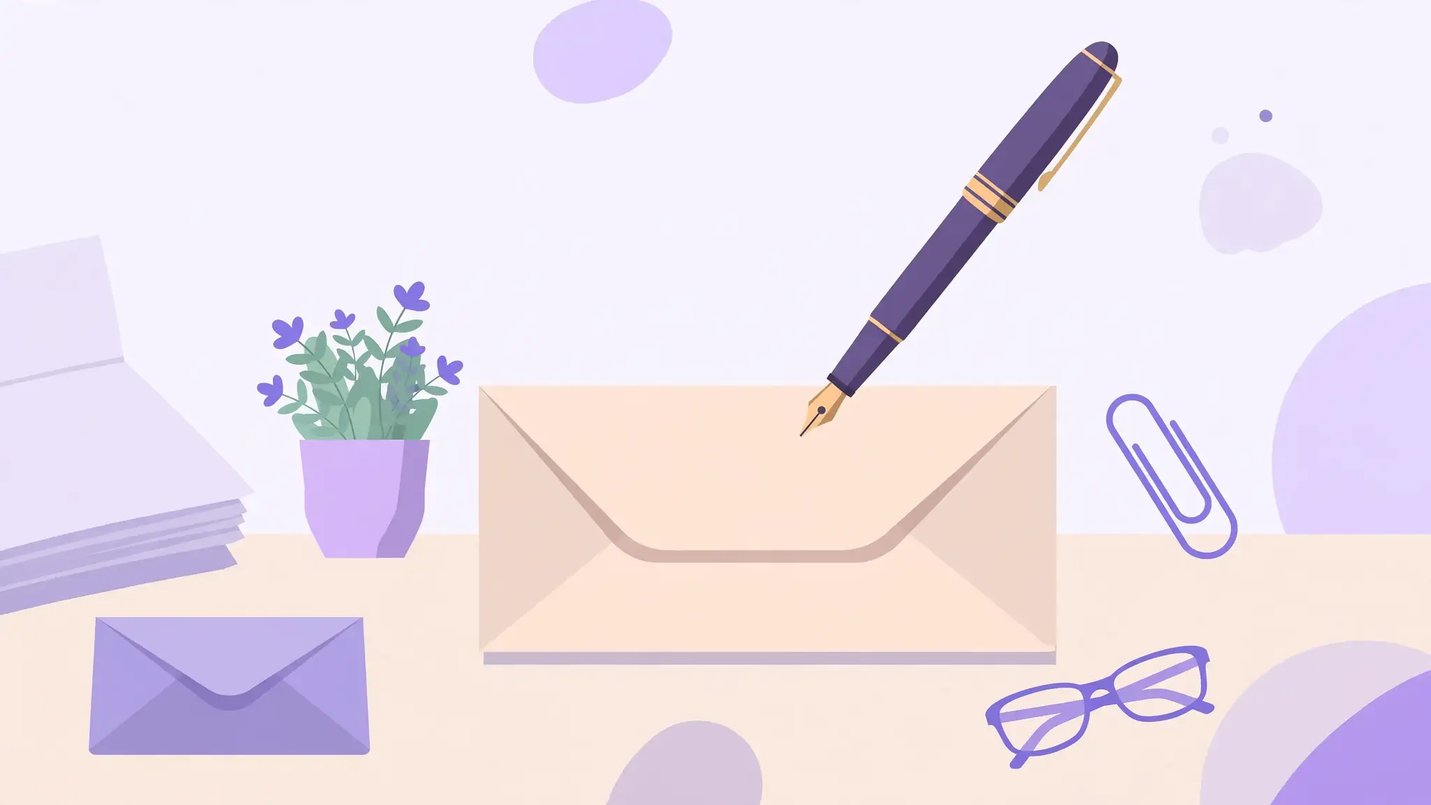 Illustration of a formal business letter with fountain pen on a desk