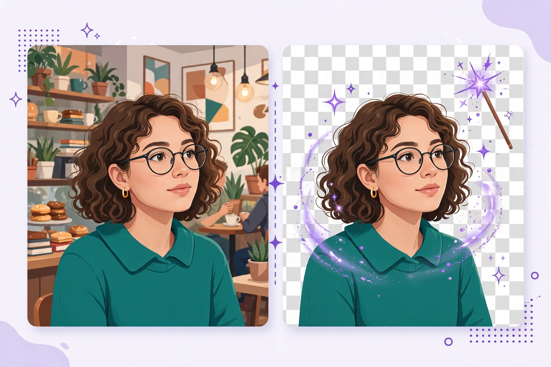 Before and after comparison of a portrait with background removed to transparent