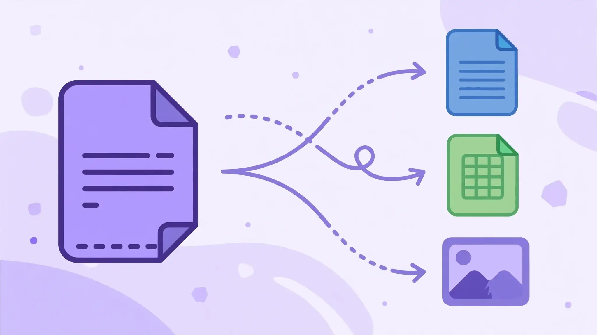 Illustration of a PDF converting into Word Excel and image formats