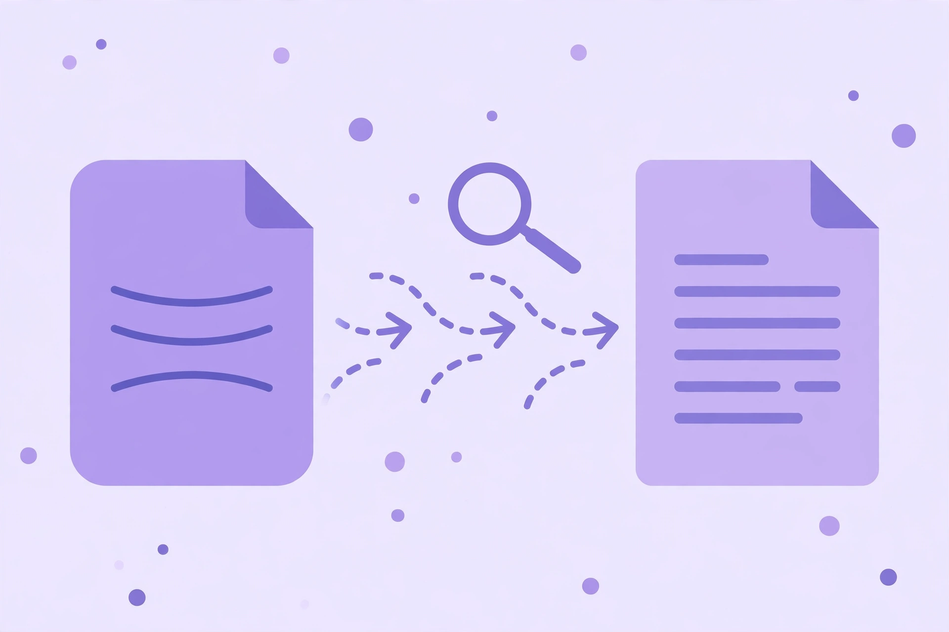 Illustration of a PDF document being converted to a Word document with a magnifying glass checking free-tier limits