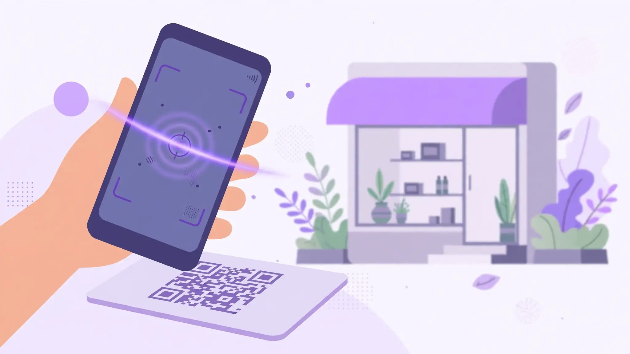 QR code generator guide showing business card scanning with smartphone