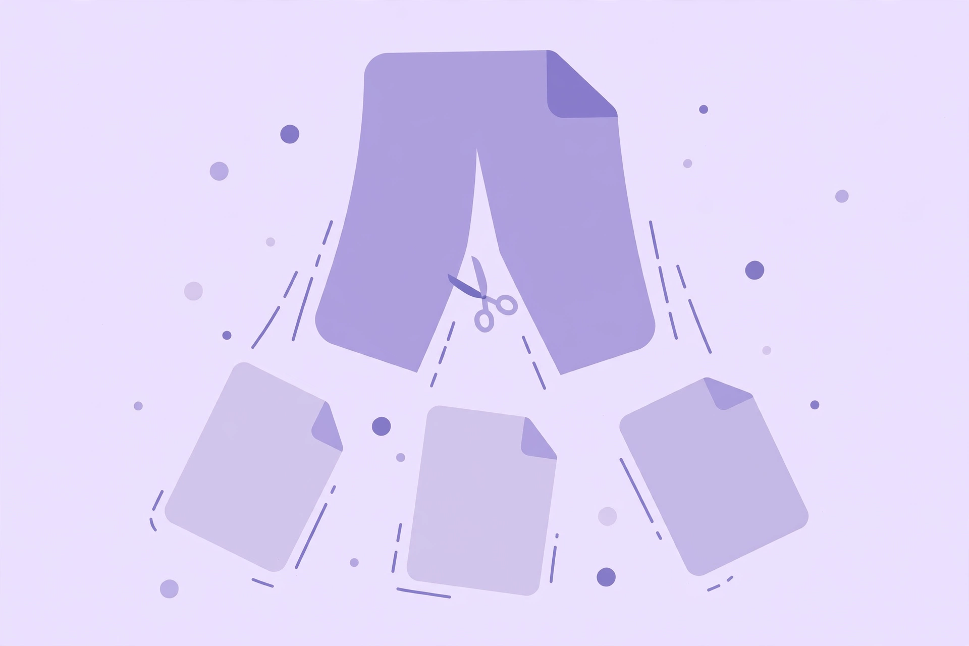 Illustration of a PDF document being split into multiple smaller files with page ranges